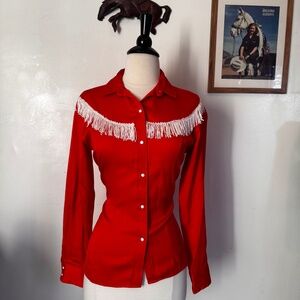 Vintage Women's Red with White Fringe Polyester Western Shirt